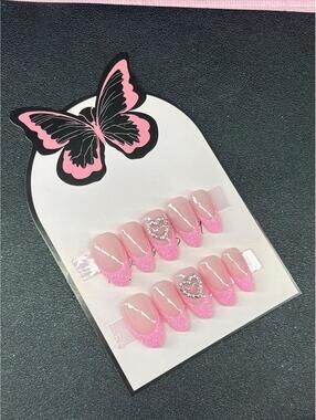Medium almond press on nails pink glitter French tips heart nail charms handmade